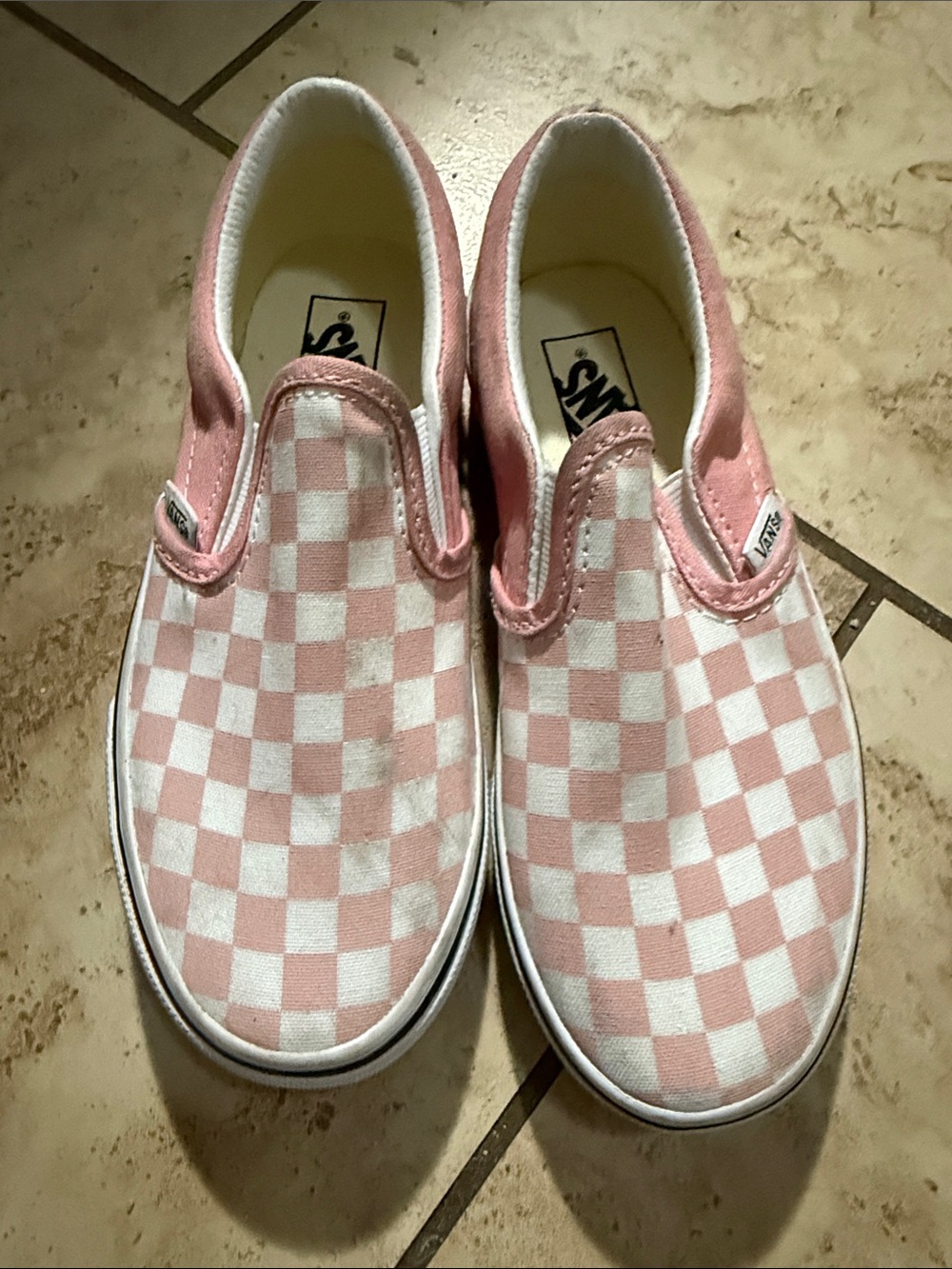 Vans Kids Slip-On Checkerboard Sneakers in Pink and White